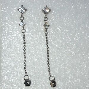 STERLING Silver & Cz Stones Stud Earrings w Chain Attached to Backing .7”